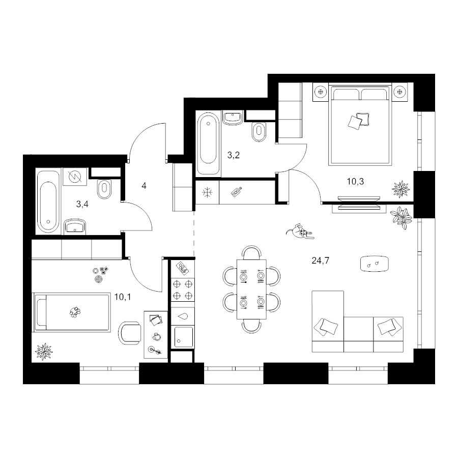 3 ккв (Евро) 55,7 м²