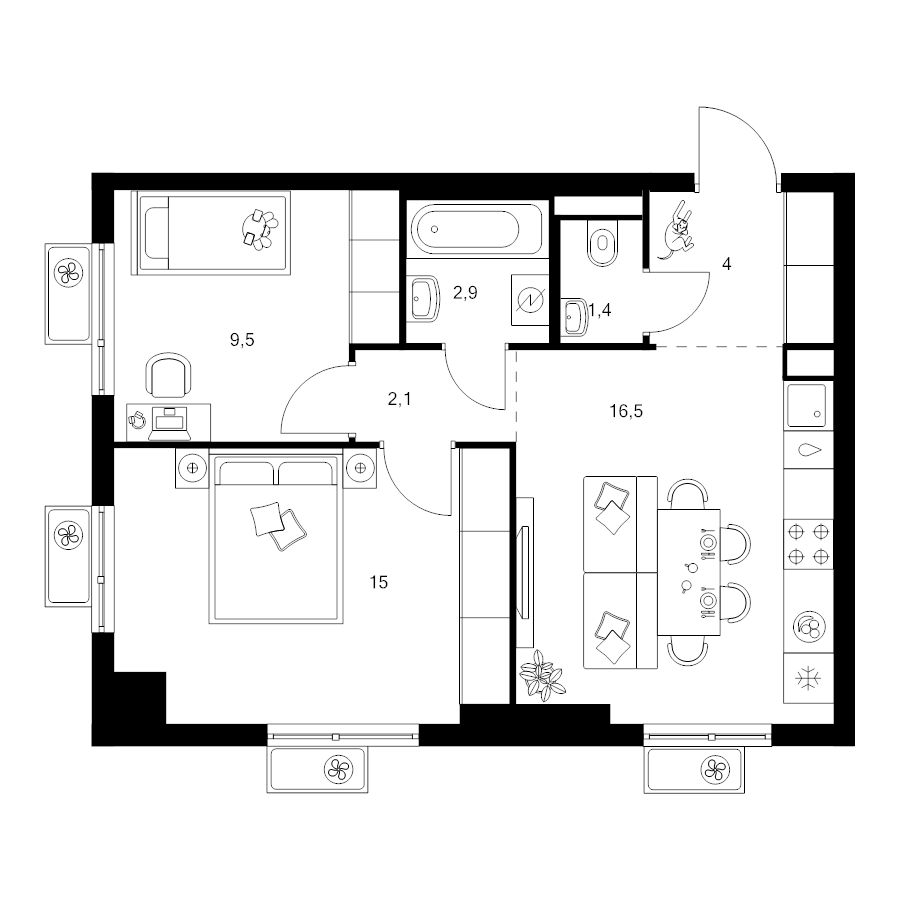 3 ккв (Евро) 51,4 м²