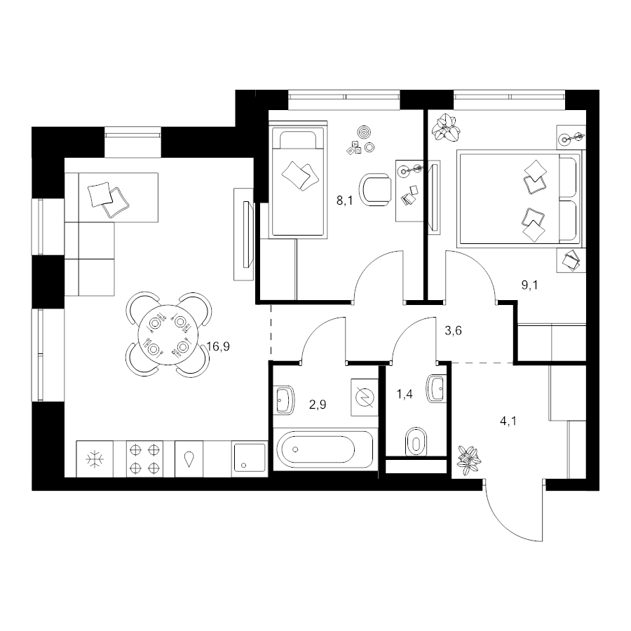 3 ккв (Евро) 46,1 м²
