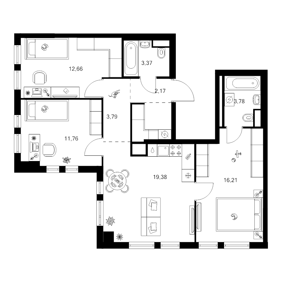 4 ккв (Евро) 76,4 м²