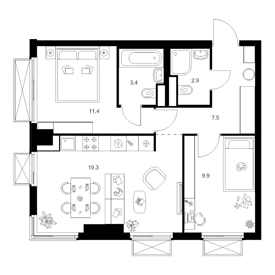 3 ккв (Евро) 54,4 м²