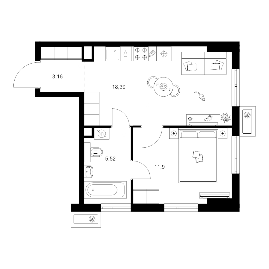 2 ккв (Евро) 39 м²