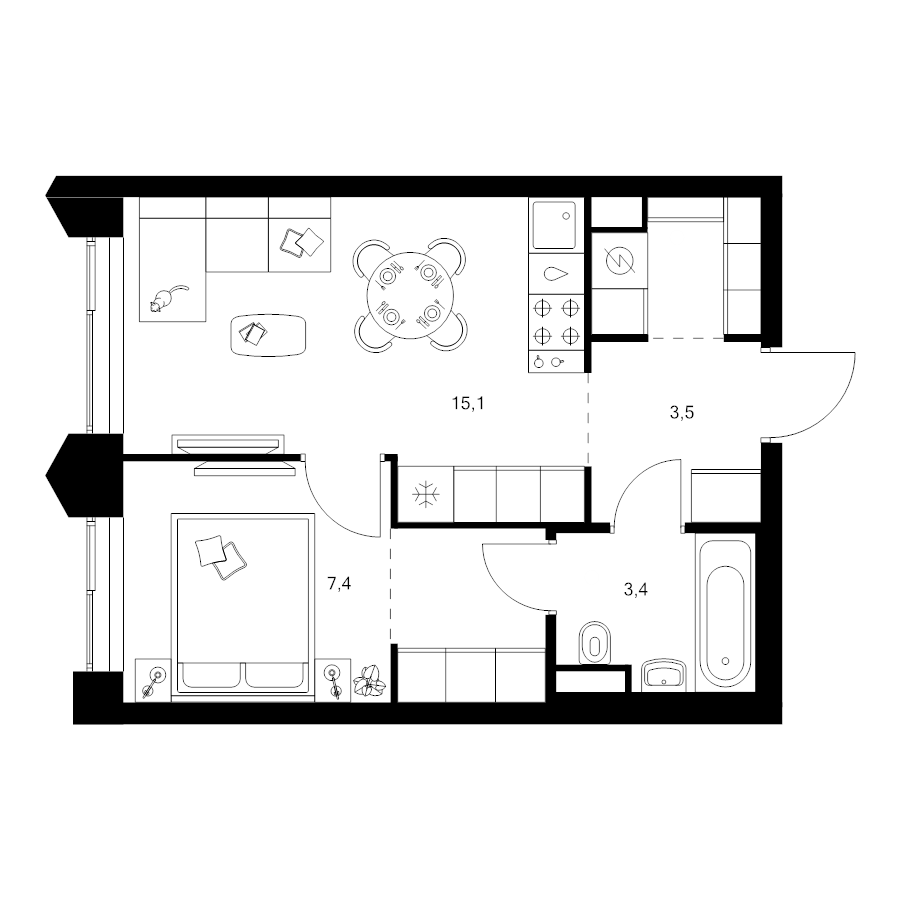 2 ккв (Евро) 34,8 м²