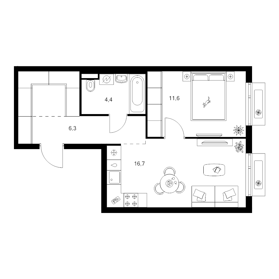 2 ккв (Евро) 44 м²