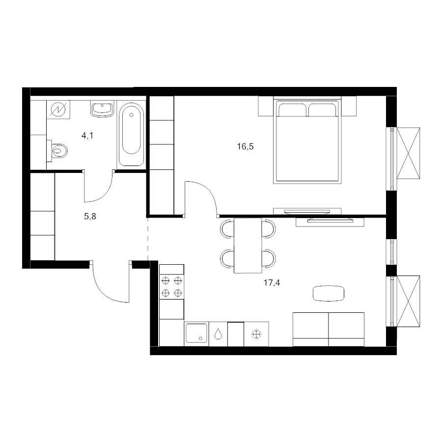 2 ккв (Евро) 43,8 м²