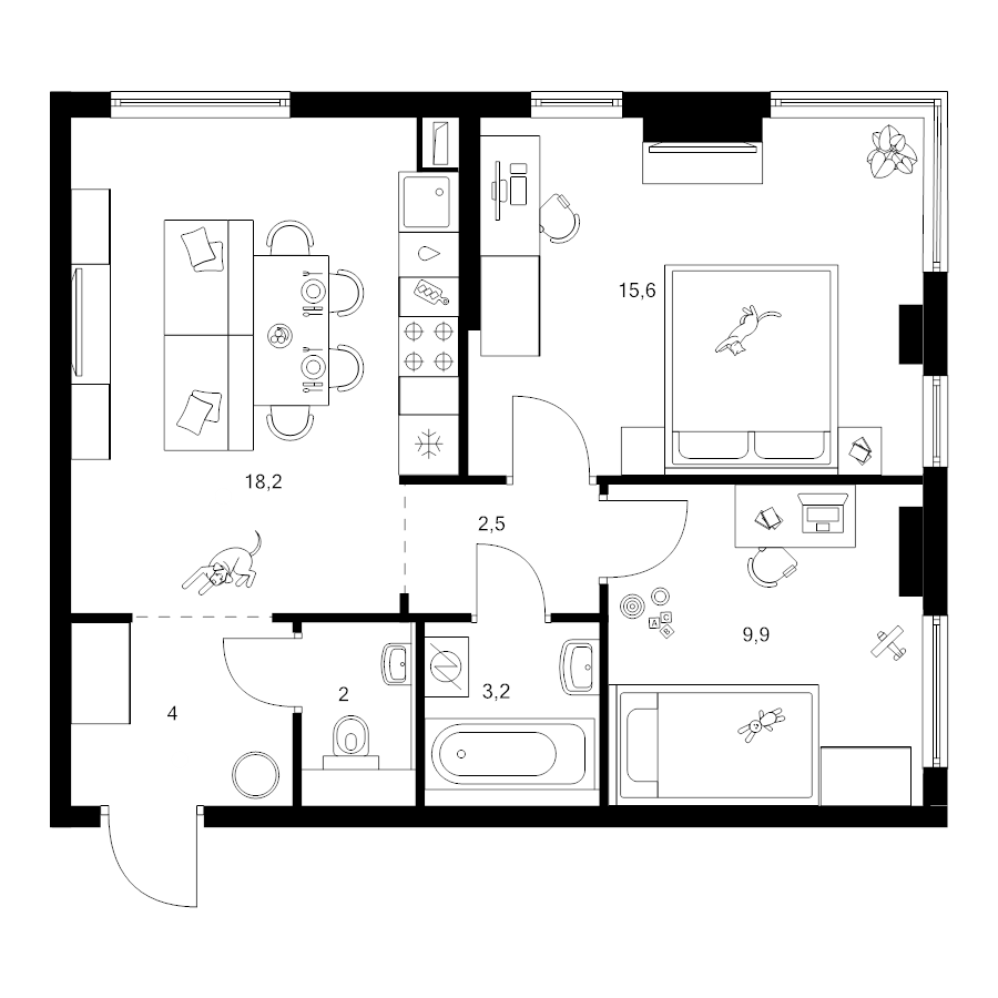 3 ккв (Евро) 55,4 м²
