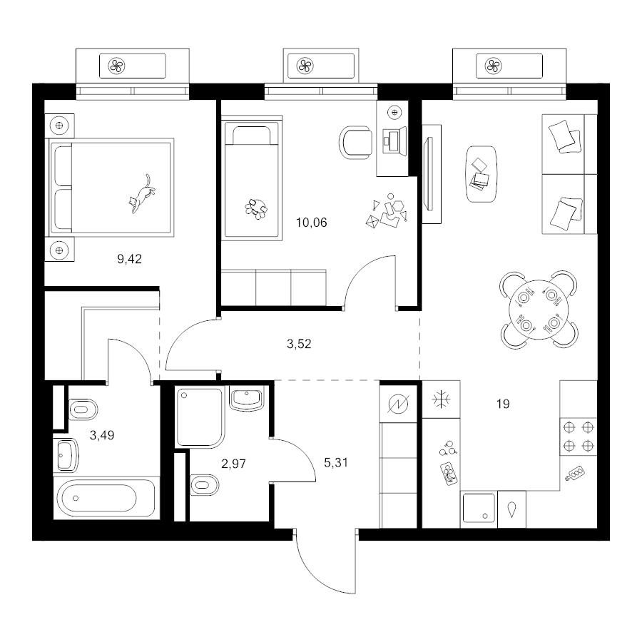 3 ккв (Евро) 56,4 м²