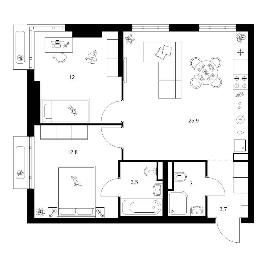 3 ккв (Евро) 60,9 м²