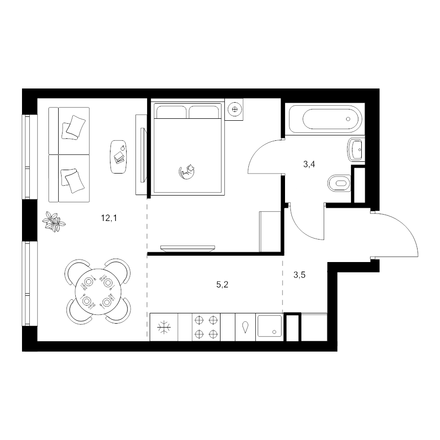Студия 33,4 м²