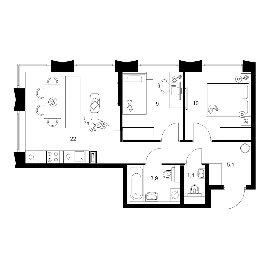 3 ккв (Евро) 51,4 м²