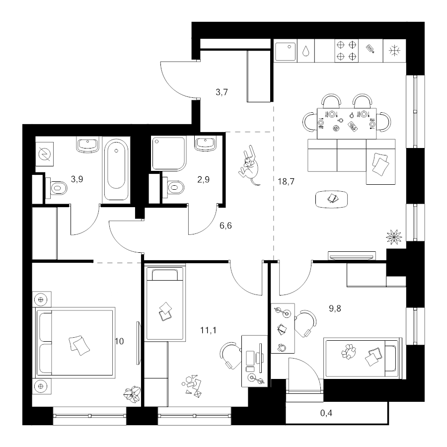 4 ккв (Евро) 70,9 м²