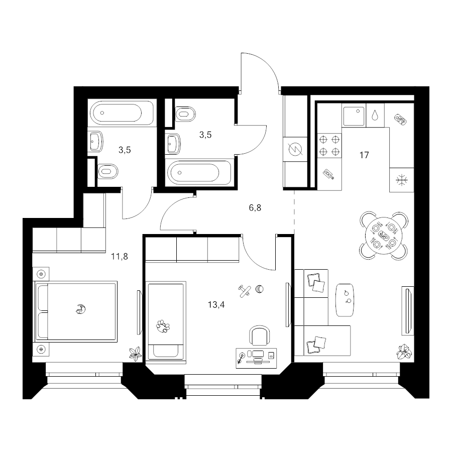 3 ккв (Евро) 56 м²