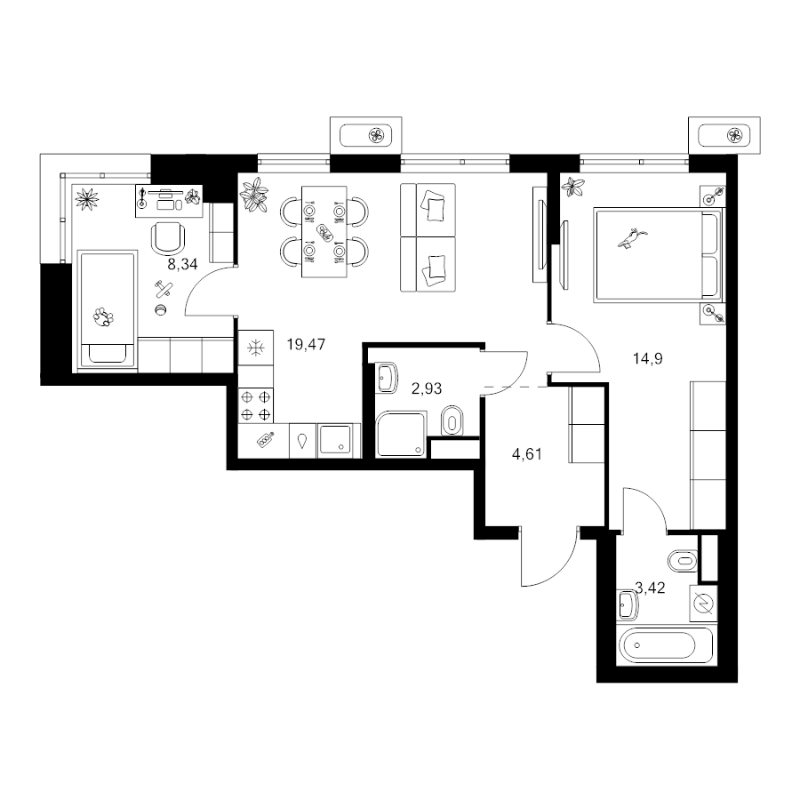 3 ккв (Евро) 53,7 м²