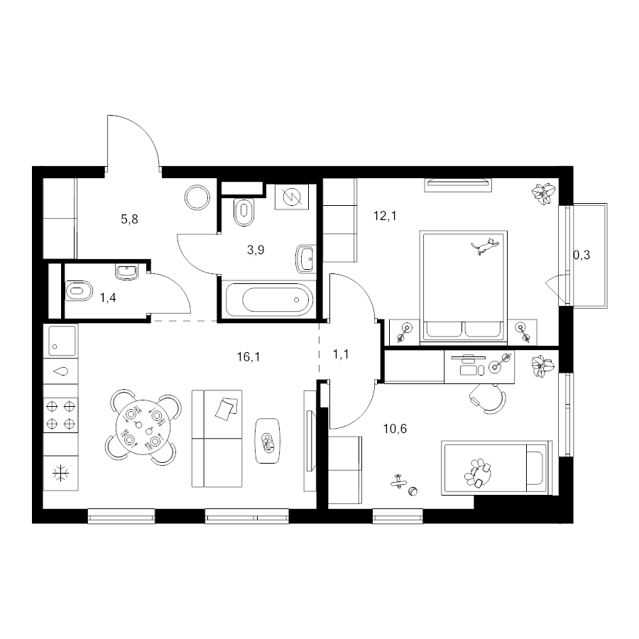 3 ккв (Евро) 51,3 м²