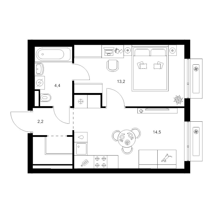 1 ккв 36,5 м²