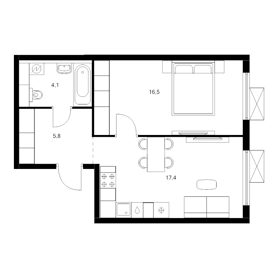2 ккв (Евро) 43,8 м²