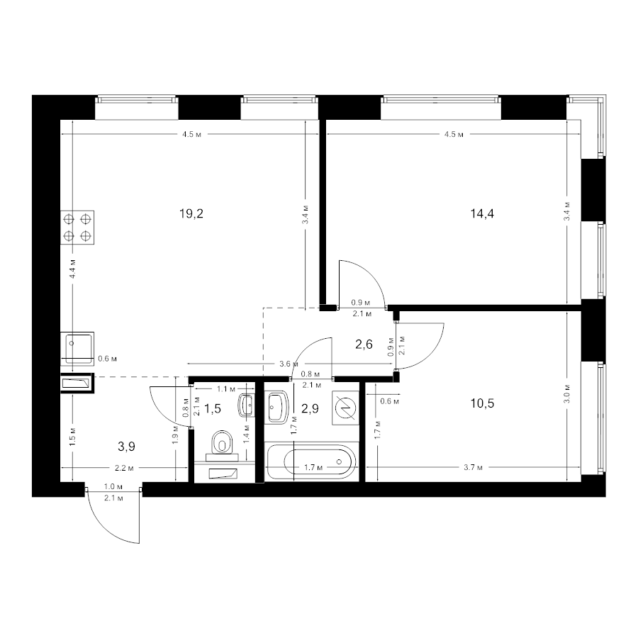 3 ккв (Евро) 55 м²