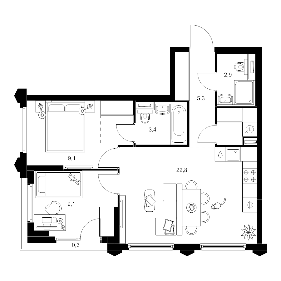 3 ккв (Евро) 57,8 м²