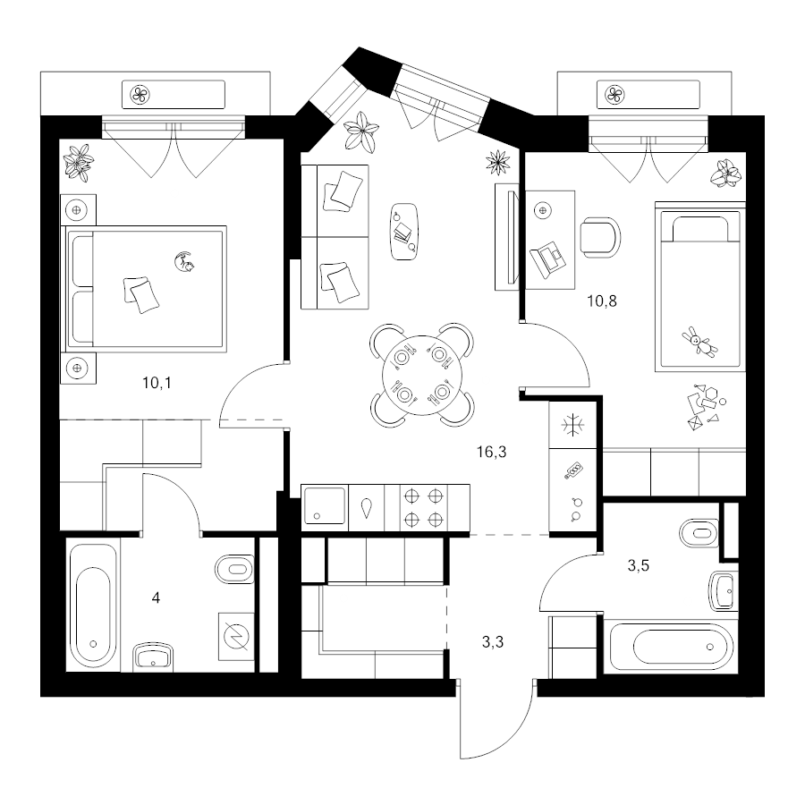 3 ккв (Евро) 54,9 м²