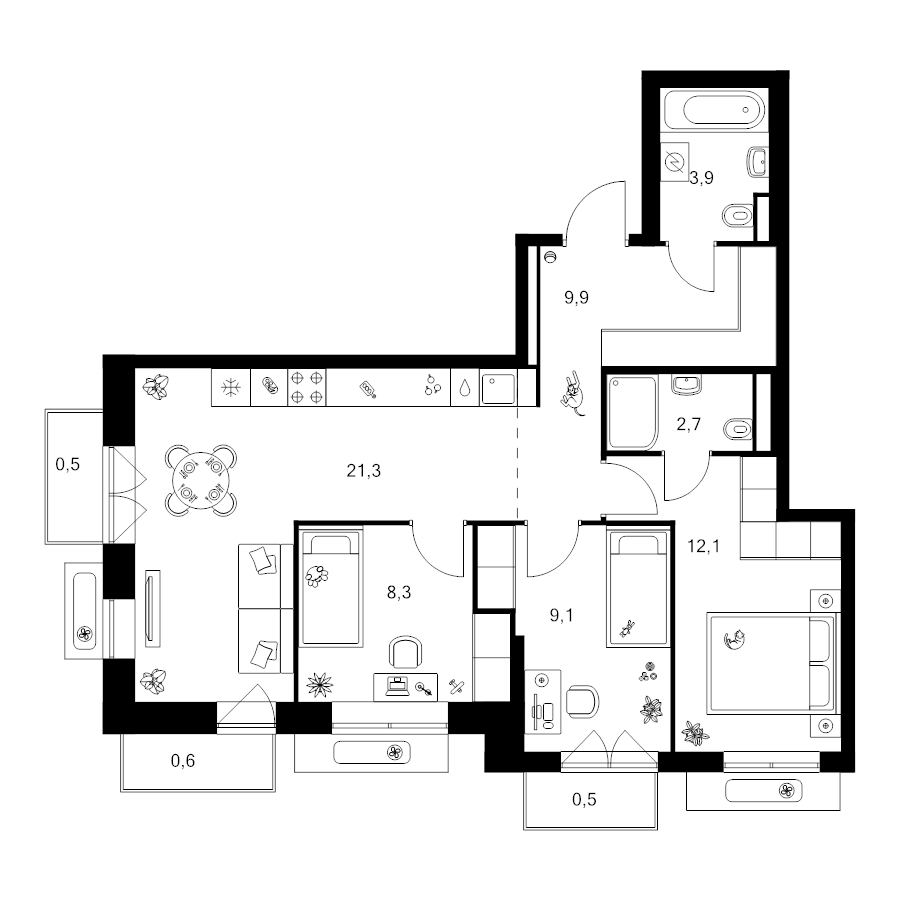 4 ккв (Евро) 68,9 м²