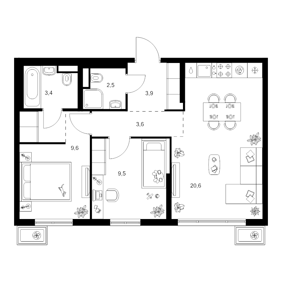 3 ккв (Евро) 55,4 м²