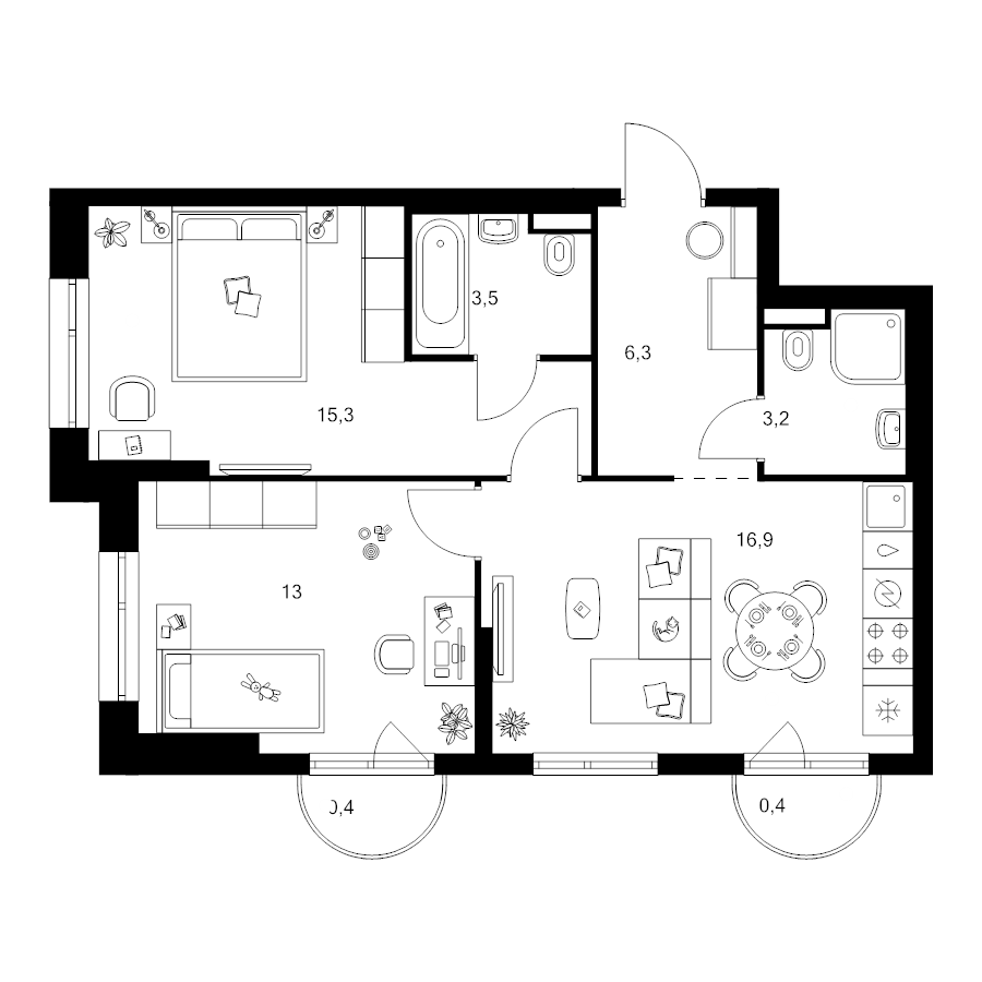 3 ккв (Евро) 59 м²