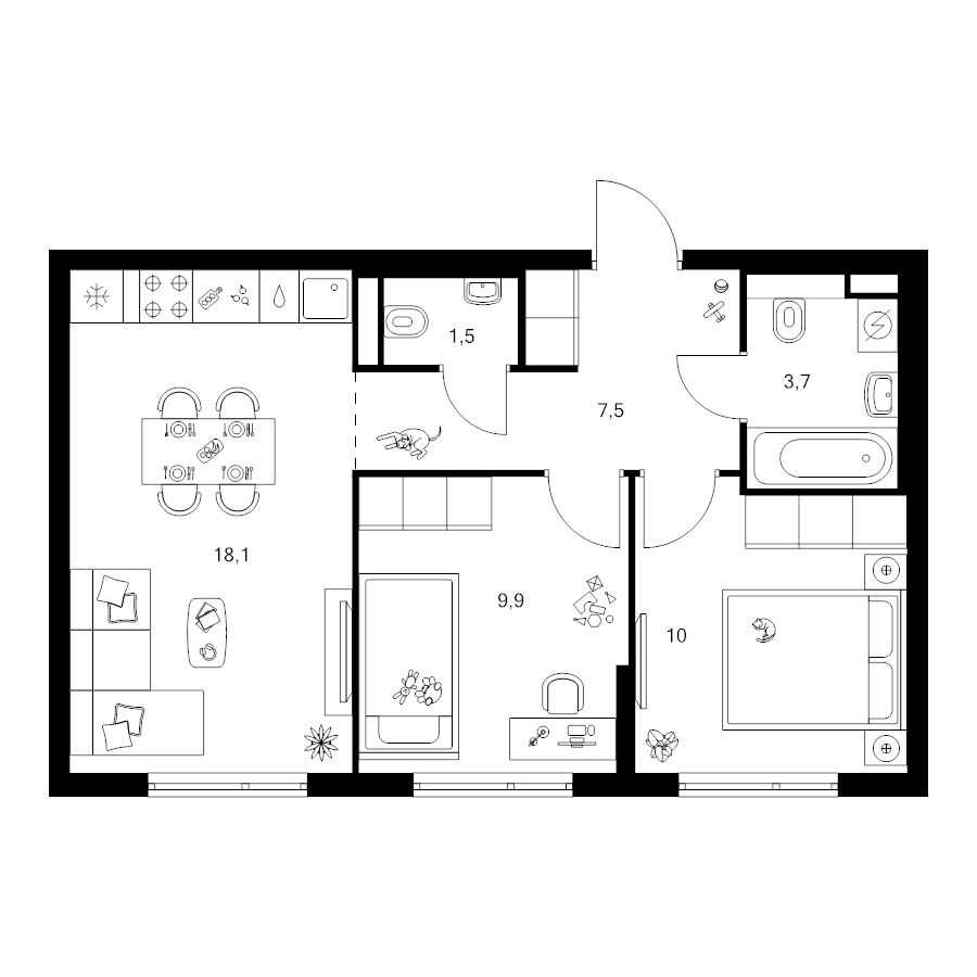 3 ккв (Евро) 50,7 м²