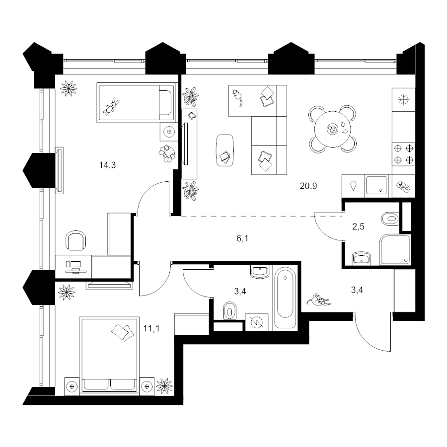 3 ккв (Евро) 61,7 м²