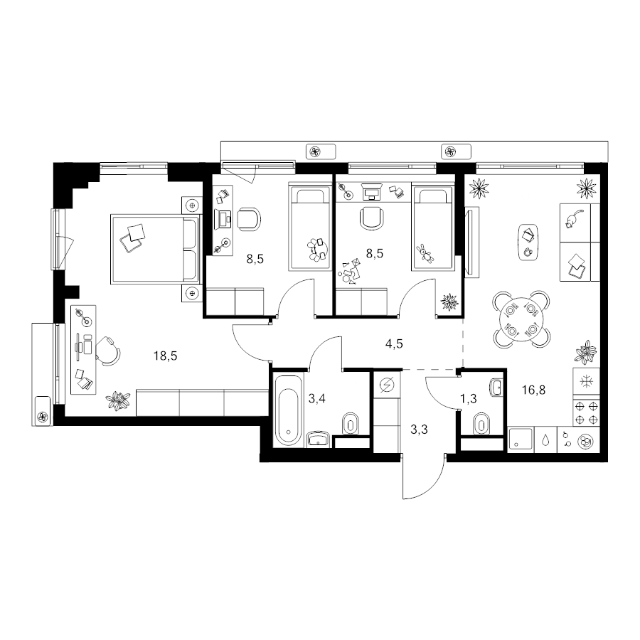 4 ккв (Евро) 64,8 м²