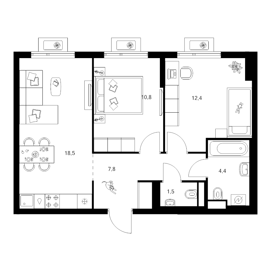 3 ккв (Евро) 55,4 м²