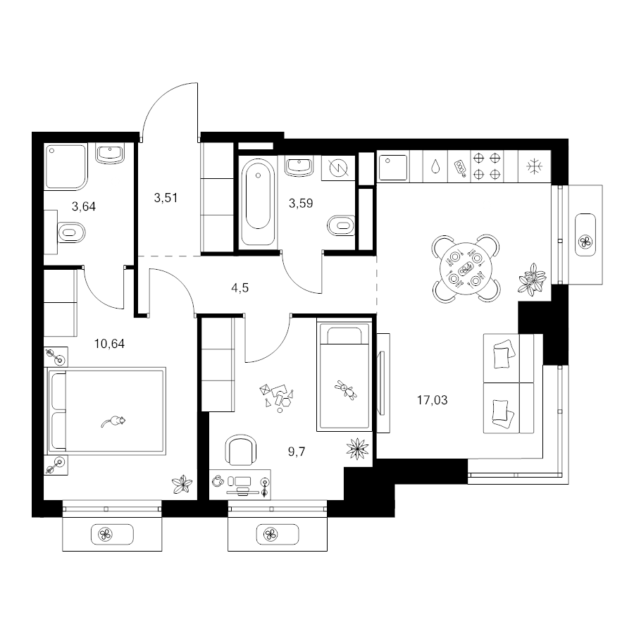 3 ккв (Евро) 52,3 м²
