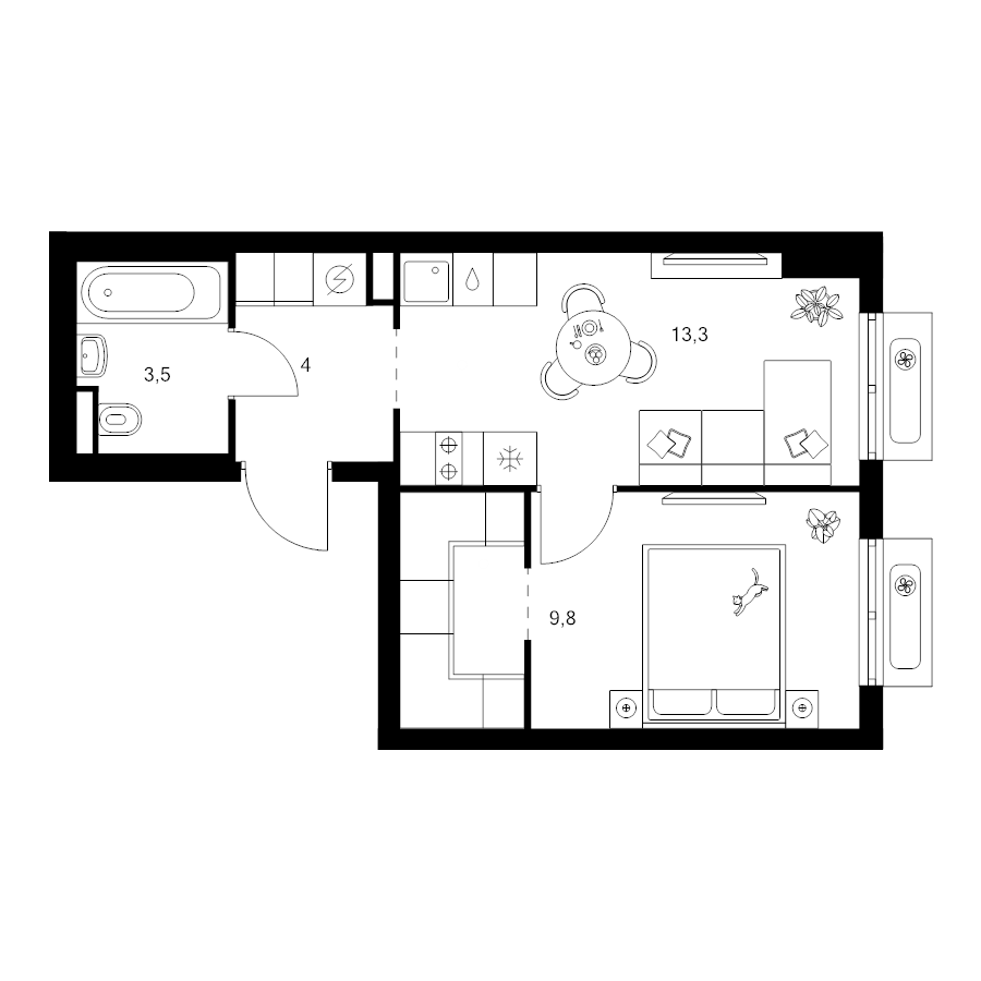 1 ккв 34,3 м²