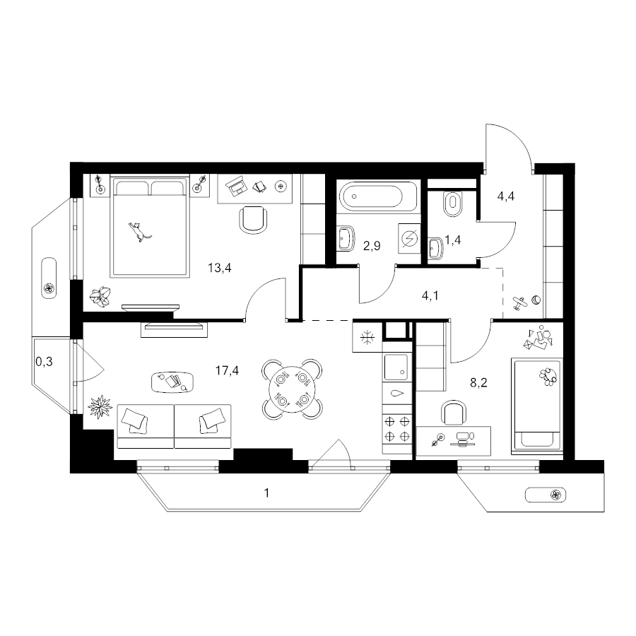 3 ккв (Евро) 53,1 м²