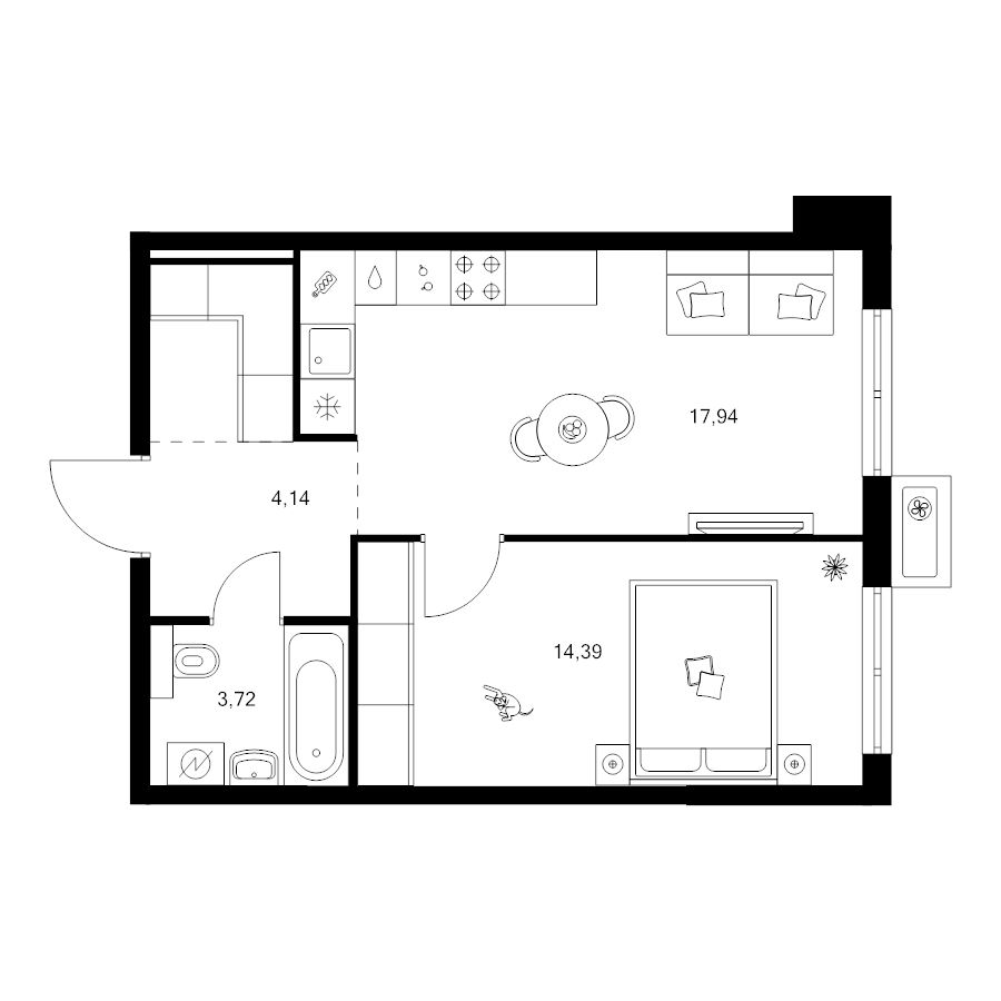 2 ккв (Евро) 42,9 м²