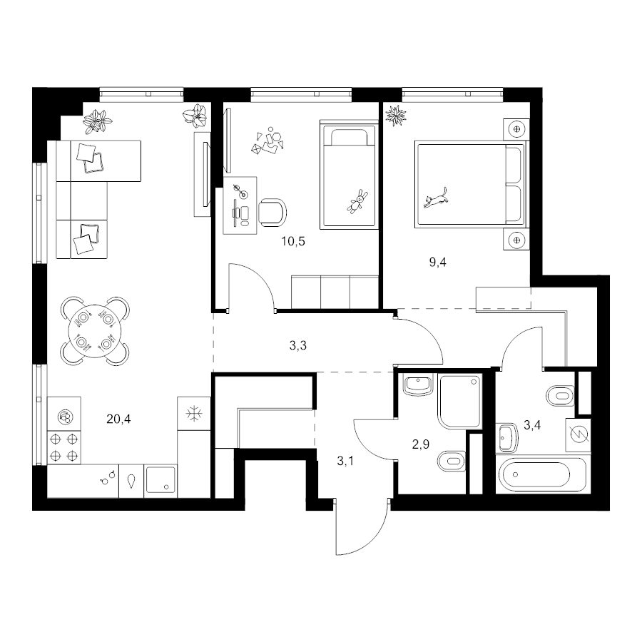 3 ккв (Евро) 60,1 м²
