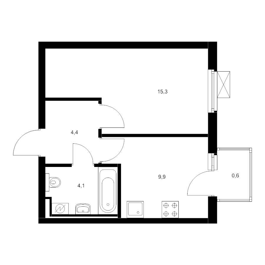 1 ккв 34,3 м²