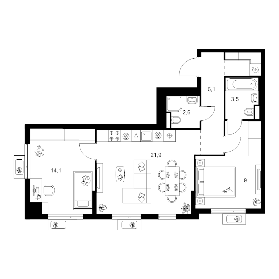3 ккв (Евро) 62,8 м²
