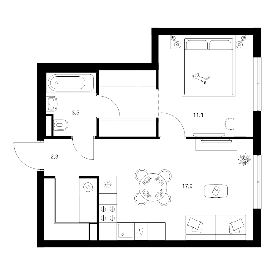 2 ккв (Евро) 42,8 м²