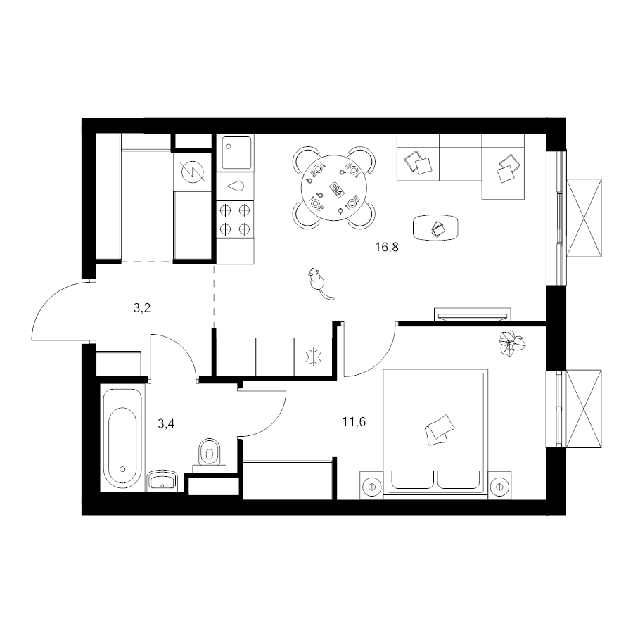 2 ккв (Евро) 38,4 м²