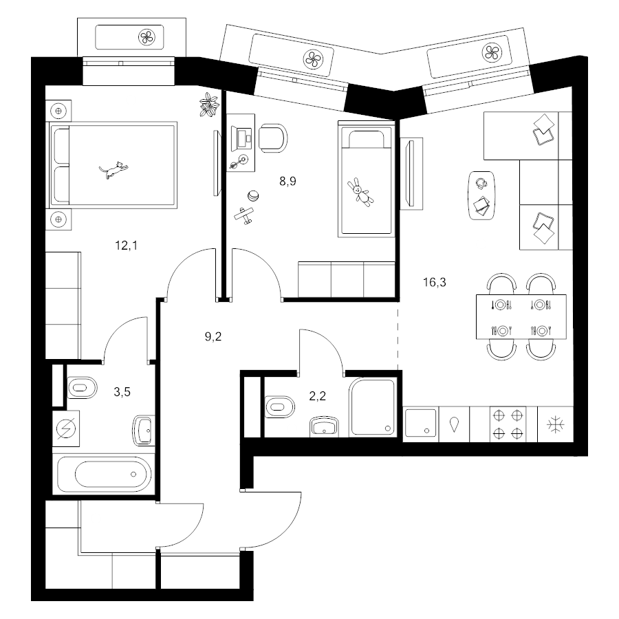 3 ккв (Евро) 54,9 м²