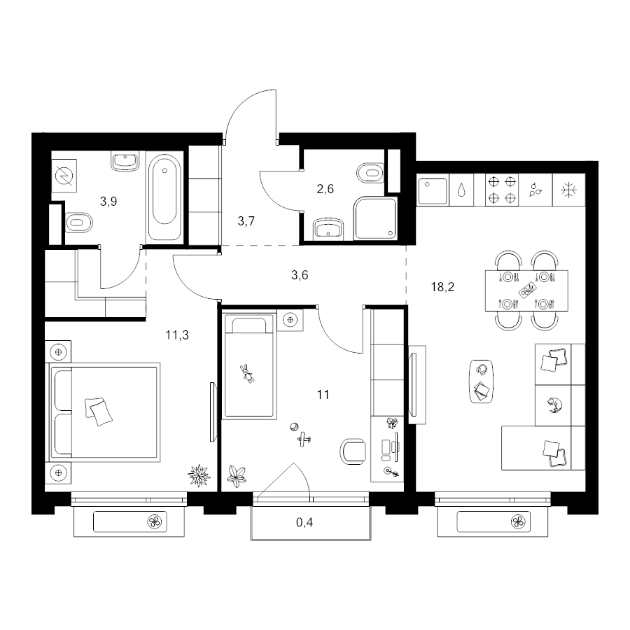 3 ккв (Евро) 57 м²