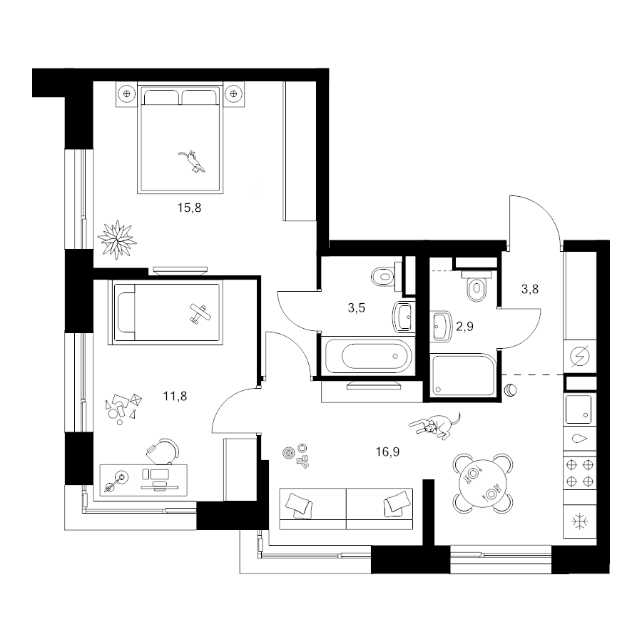 3 ккв (Евро) 54,7 м²