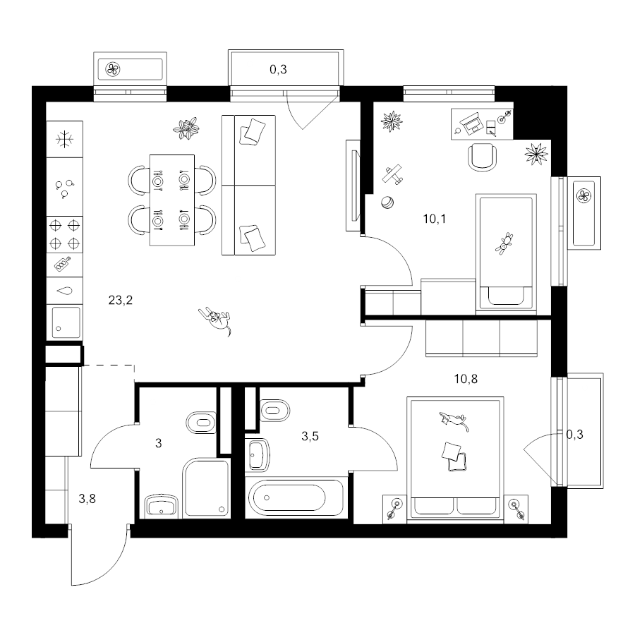 3 ккв (Евро) 55 м²