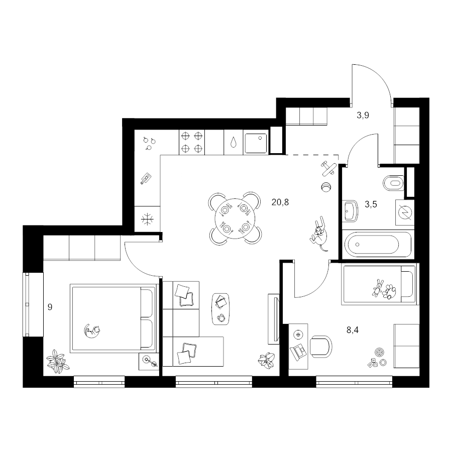 3 ккв (Евро) 45,6 м²