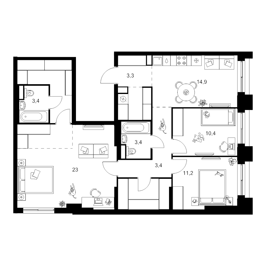 3 ккв 96,6 м²