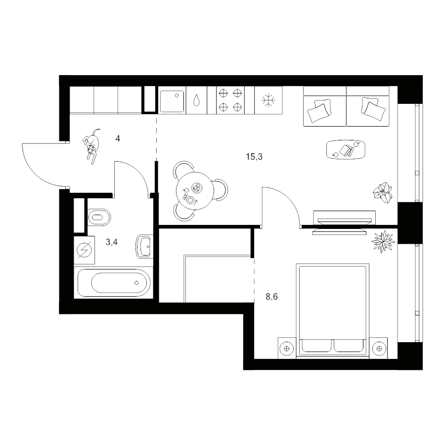 2 ккв (Евро) 34,5 м²