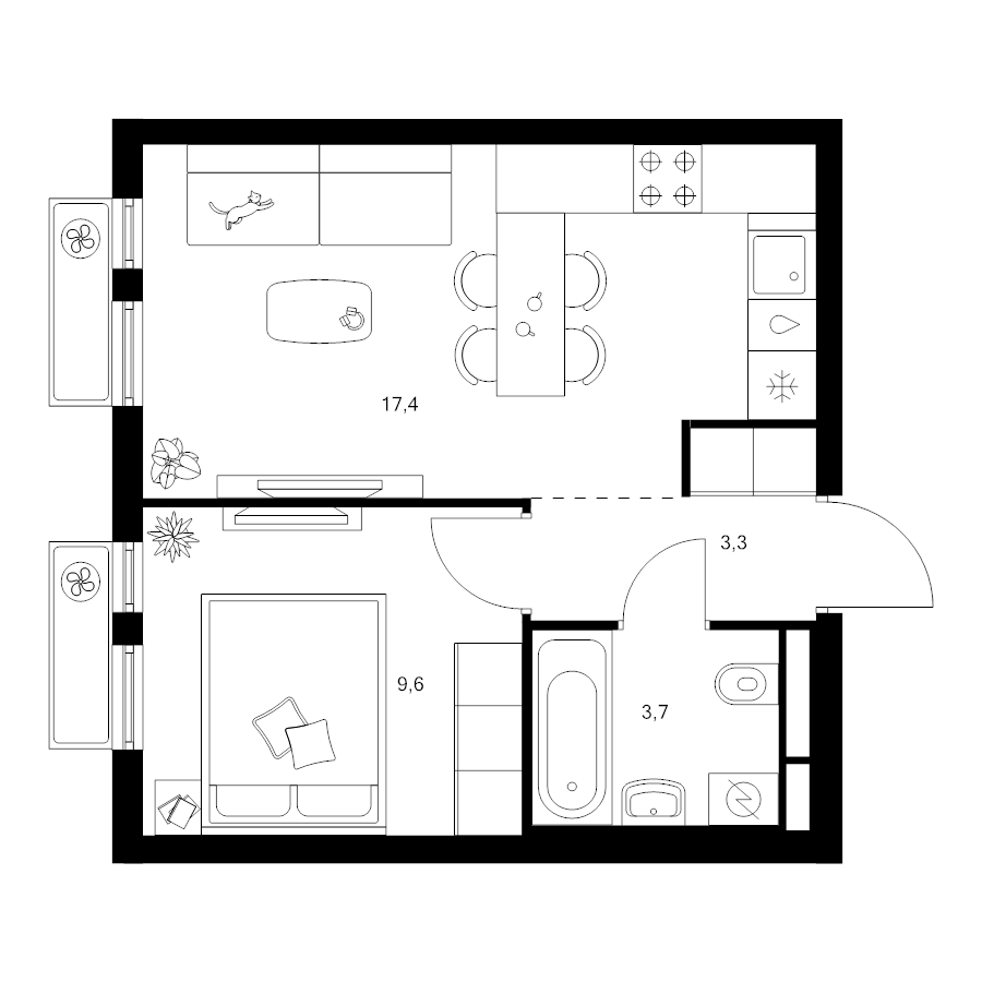 2 ккв (Евро) 34 м²