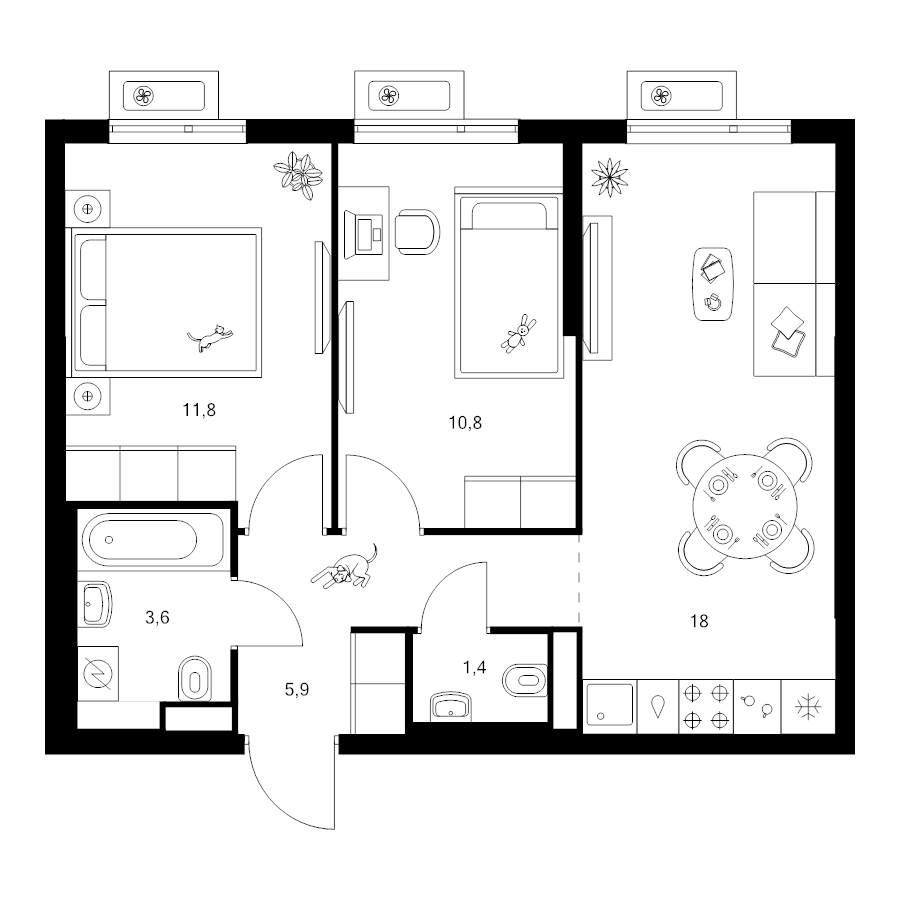 3 ккв (Евро) 51,5 м²