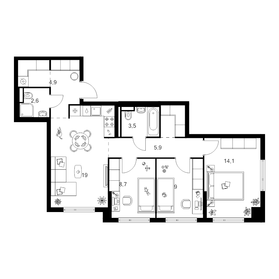 4 ккв (Евро) 73 м²