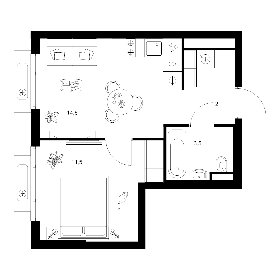 1 ккв 33,5 м²